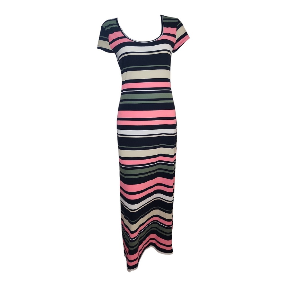 Derek Heart Dress Womens Size L Large Pink Green Black Striped Maxi Stretch Soft